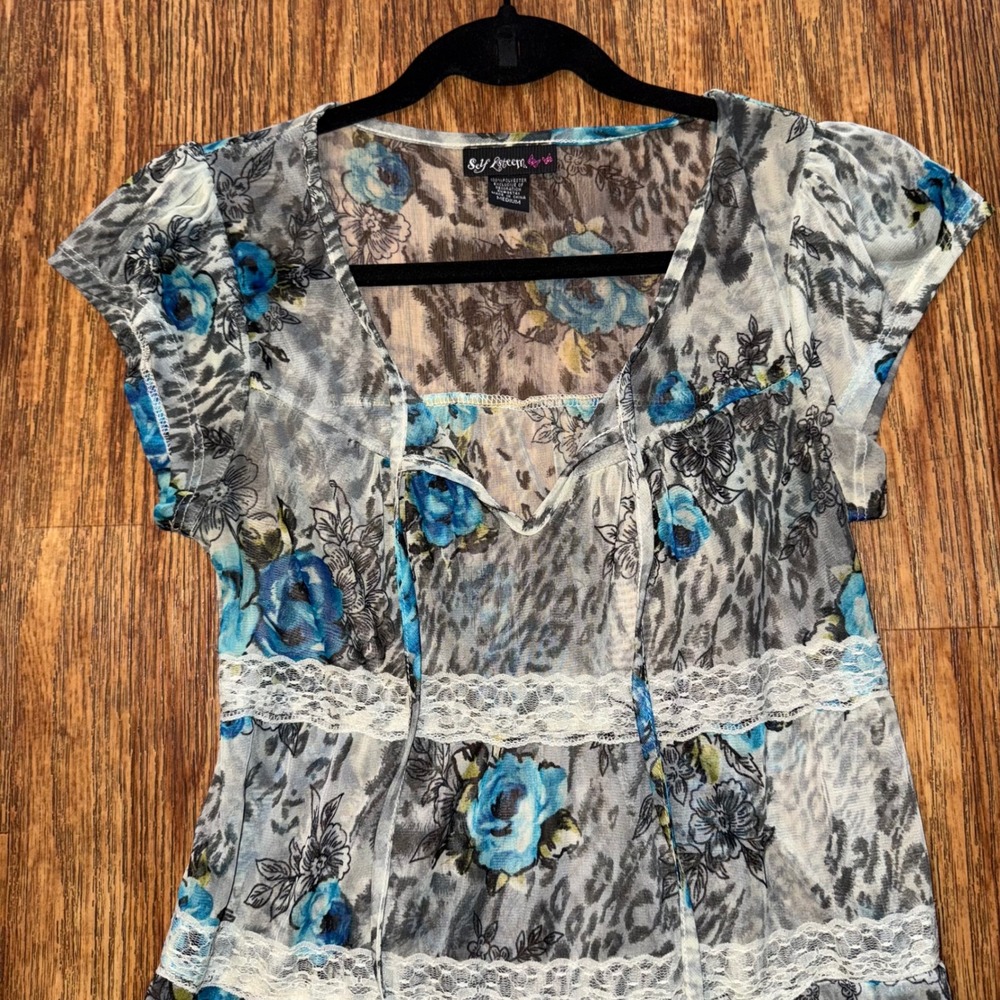 Self Esteem Tunic Top Y2K Sheer Floral Lace Babydoll Blue Gray Medium Fairycore - Picture 2 of 9